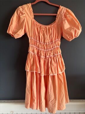Kids Peach Puff Sleeve Smocked Dress